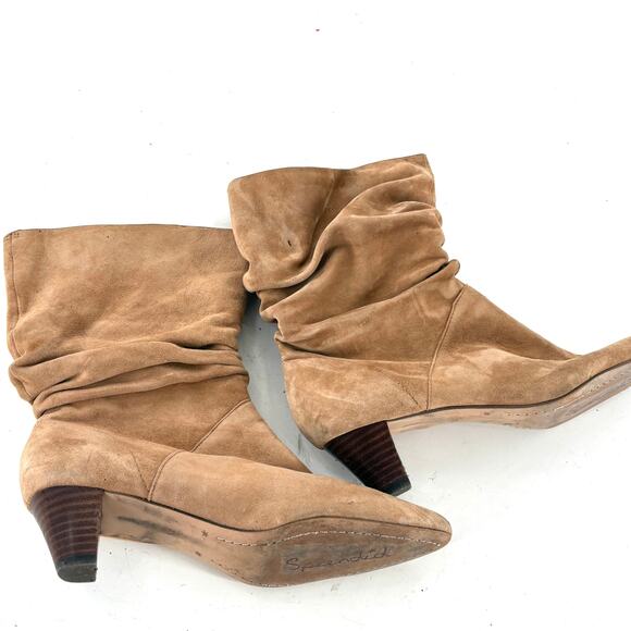Splendid Slouchy Suede Boots 7.5 Tan Heel Glam Western Mid Calf Prep Academia - Picture 3 of 7